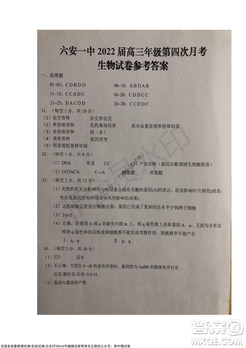 安徽六安一中學(xué)2022屆高三年級第四次月考生物試題及答案