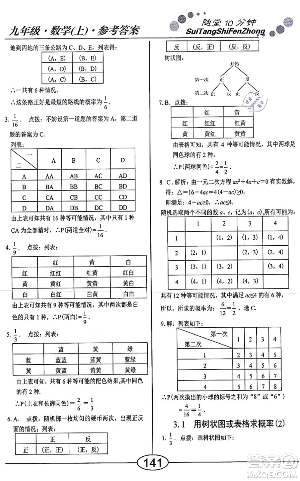 陽(yáng)光出版社2021學(xué)考2+1隨堂10分鐘平行性測(cè)試題九年級(jí)數(shù)學(xué)上冊(cè)BS北師版答案