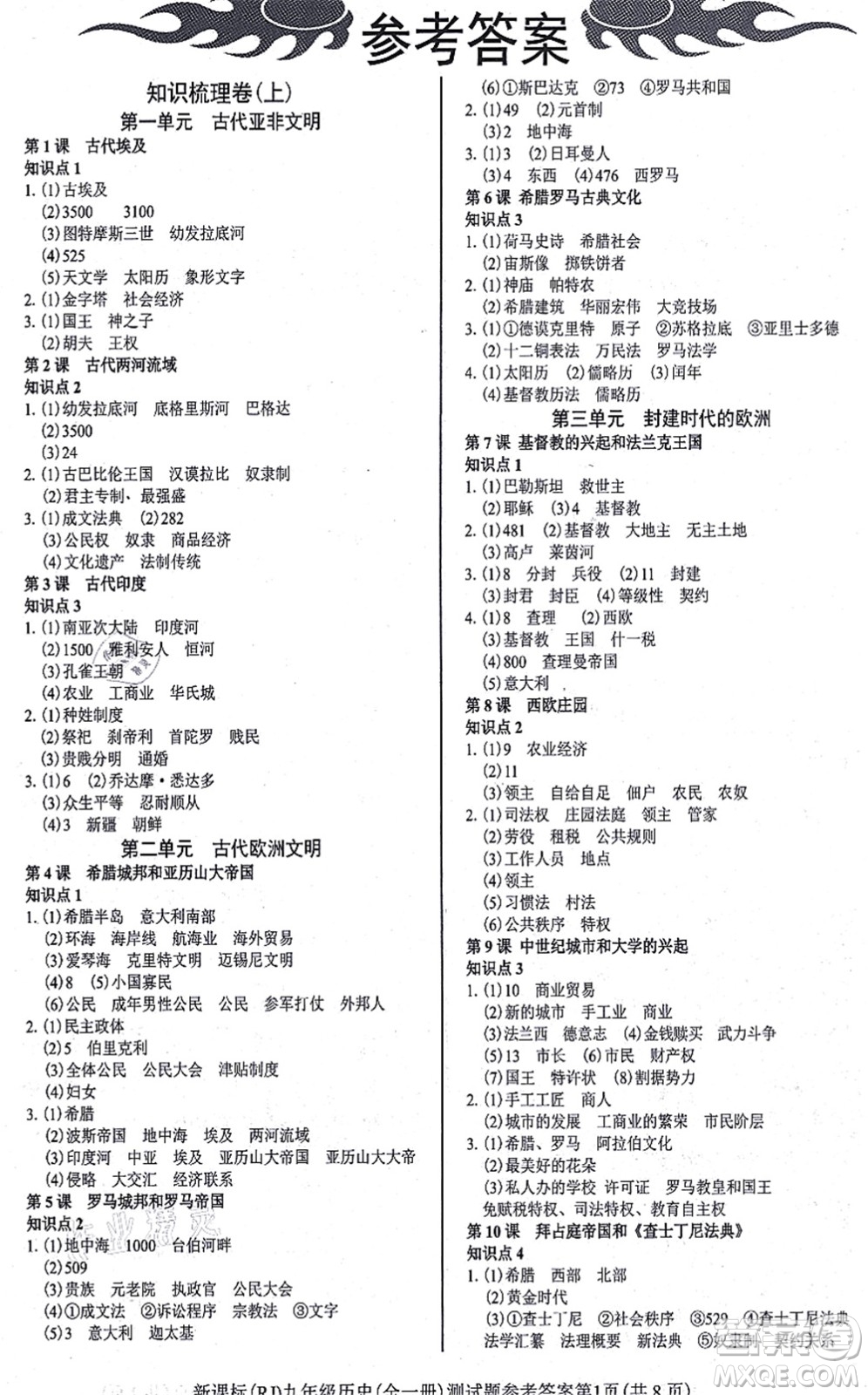 陽光出版社2021學考2+1隨堂10分鐘平行性測試題九年級歷史全一冊人教版答案