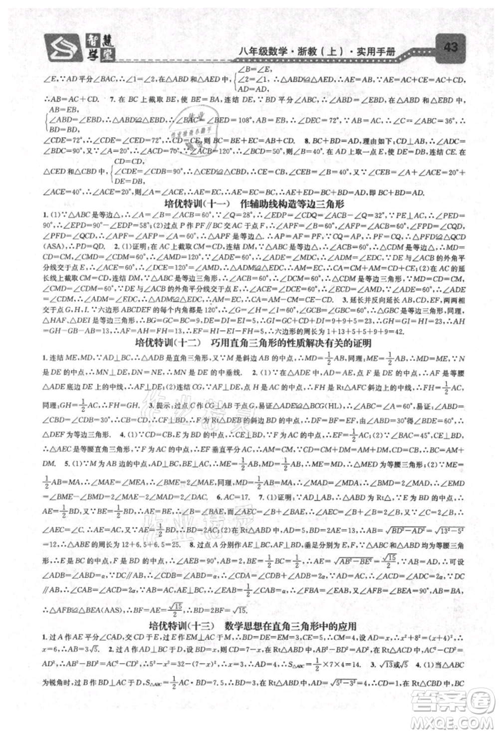 天津科學技術出版社2021智慧學堂核心素養(yǎng)提升法八年級數學上冊浙教版浙江專版參考答案