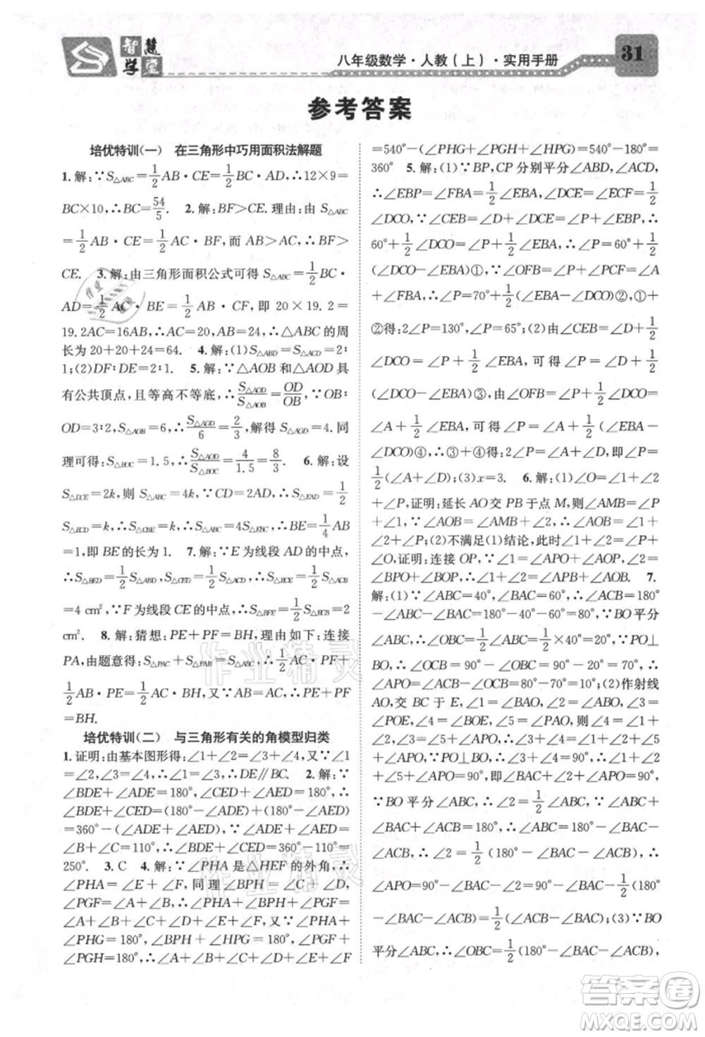 天津科學技術(shù)出版社2021智慧學堂核心素養(yǎng)提升法八年級數(shù)學上冊人教版臺州專版參考答案