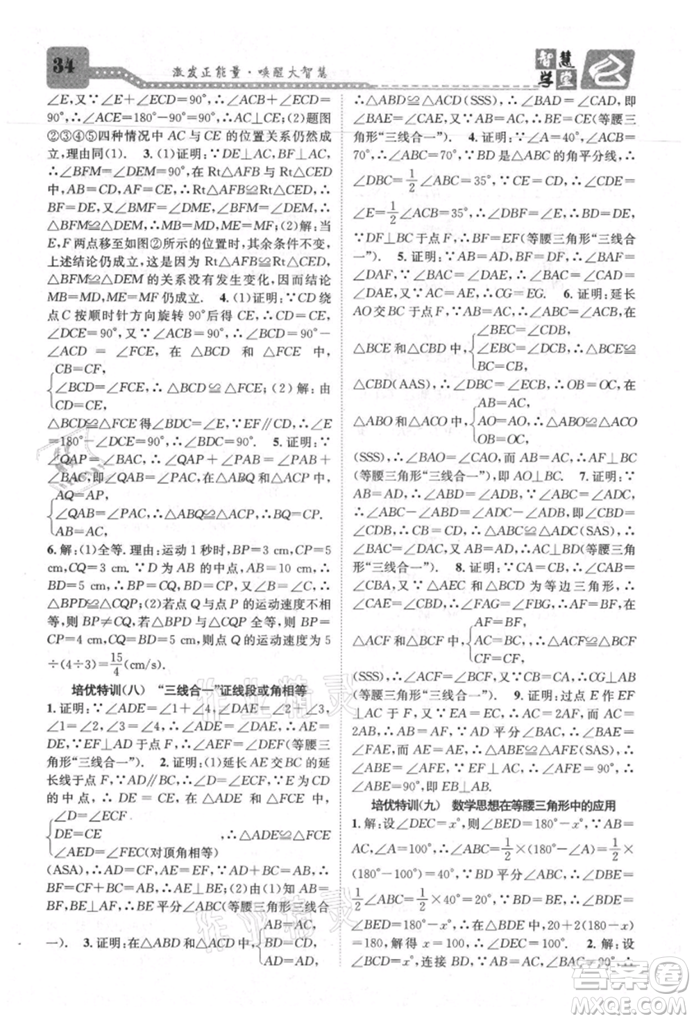 天津科學技術(shù)出版社2021智慧學堂核心素養(yǎng)提升法八年級數(shù)學上冊人教版臺州專版參考答案