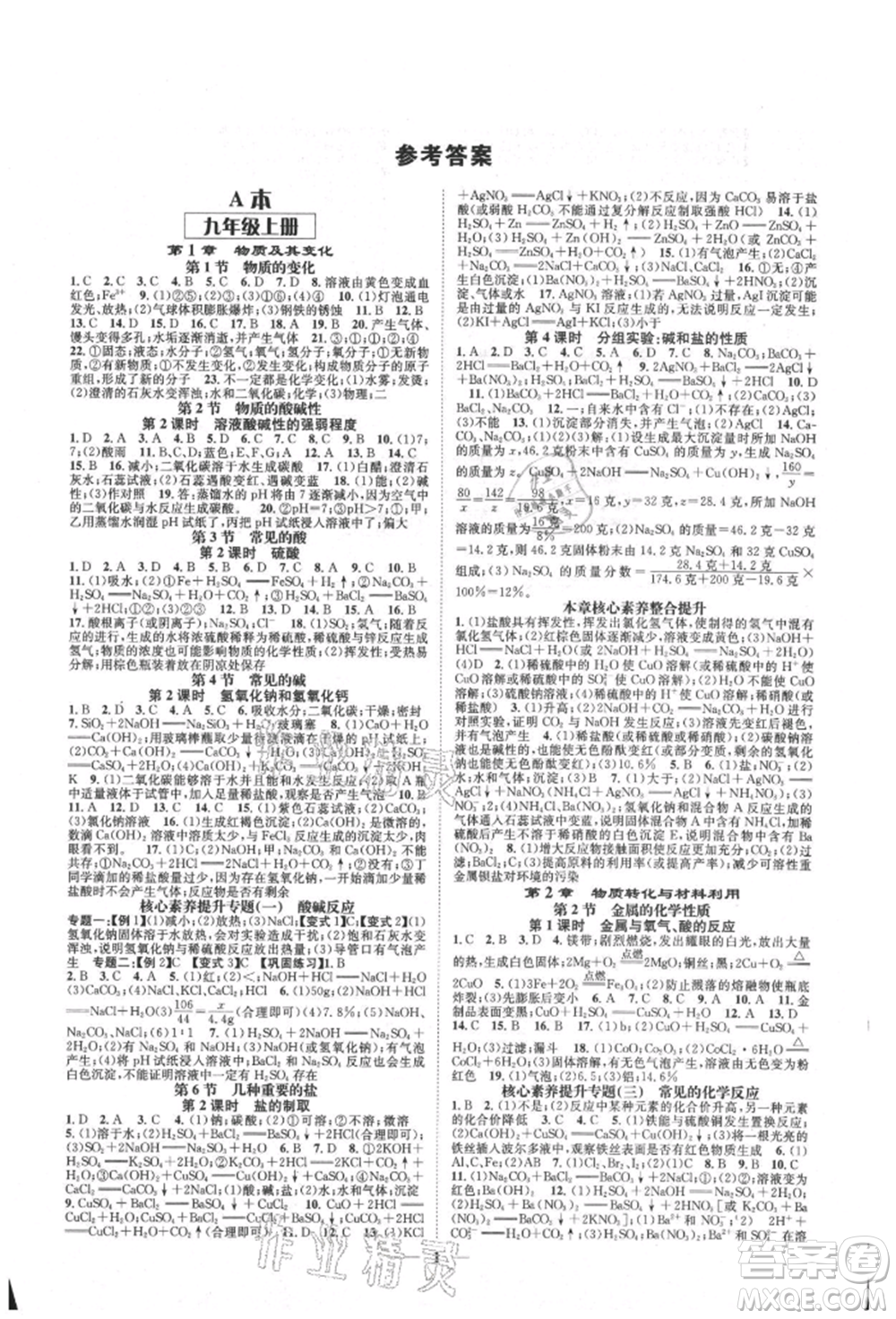 天津科學技術(shù)出版社2021智慧學堂核心素養(yǎng)提升法九年級科學浙教版浙江專版參考答案