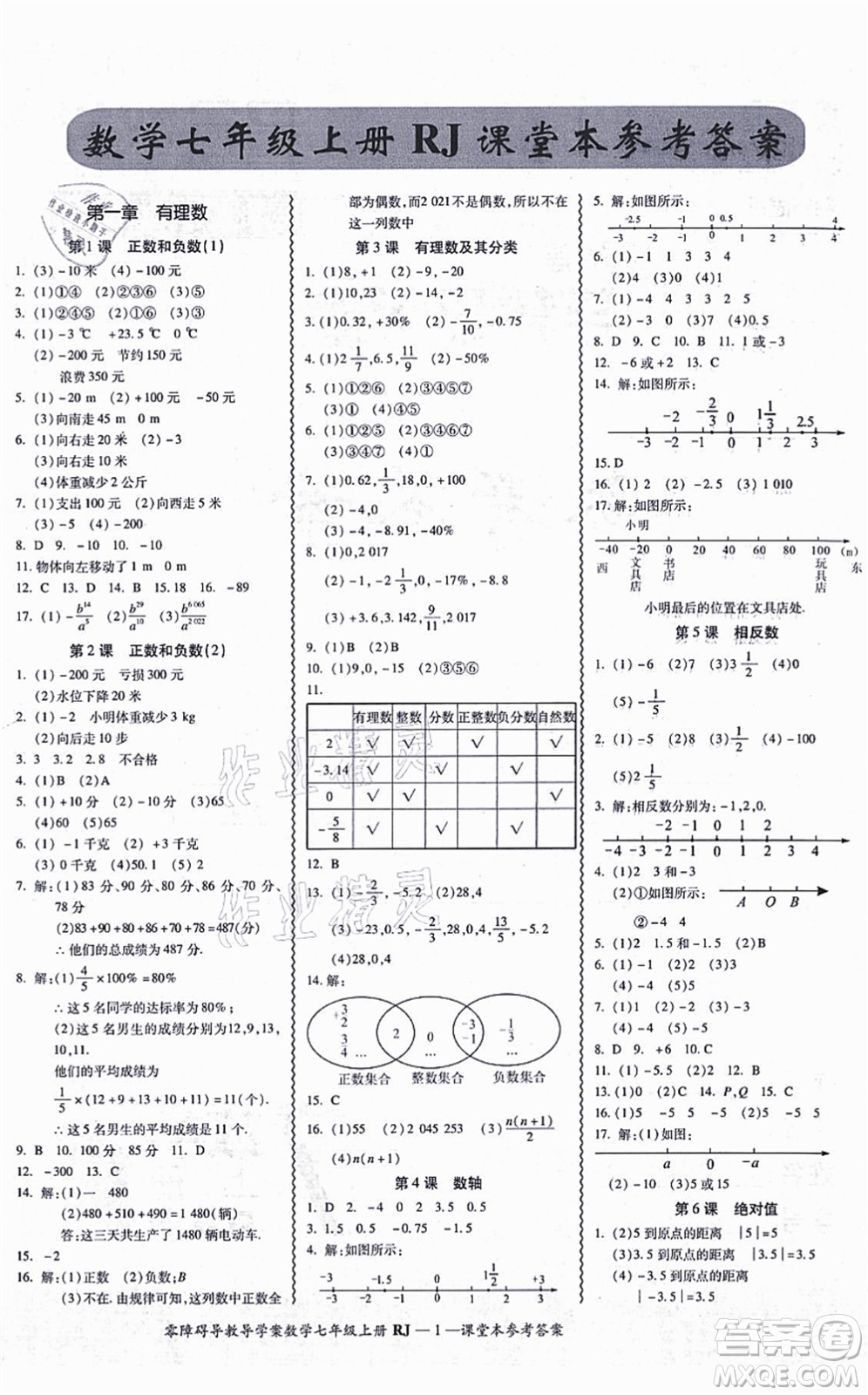 廣州出版社2021零障礙導(dǎo)教導(dǎo)學(xué)案七年級(jí)數(shù)學(xué)上冊(cè)人教版答案