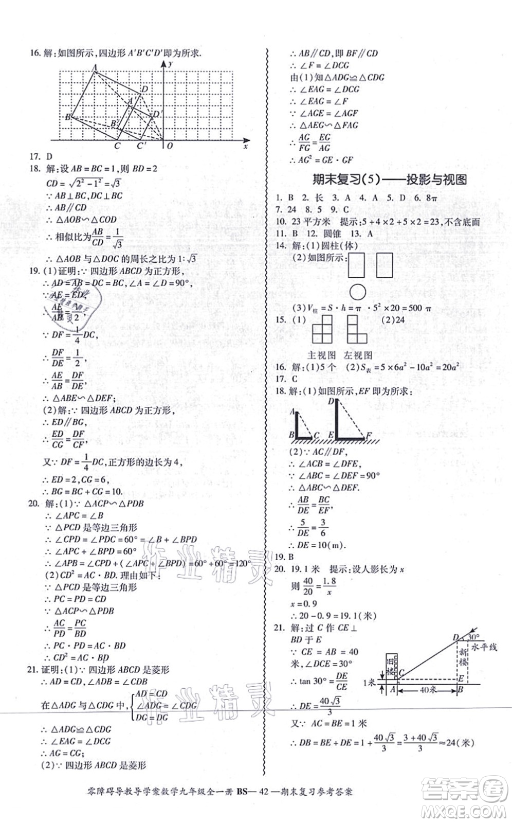 電子科技大學出版社2021零障礙導(dǎo)教導(dǎo)學案九年級數(shù)學全一冊BSSX北師版答案