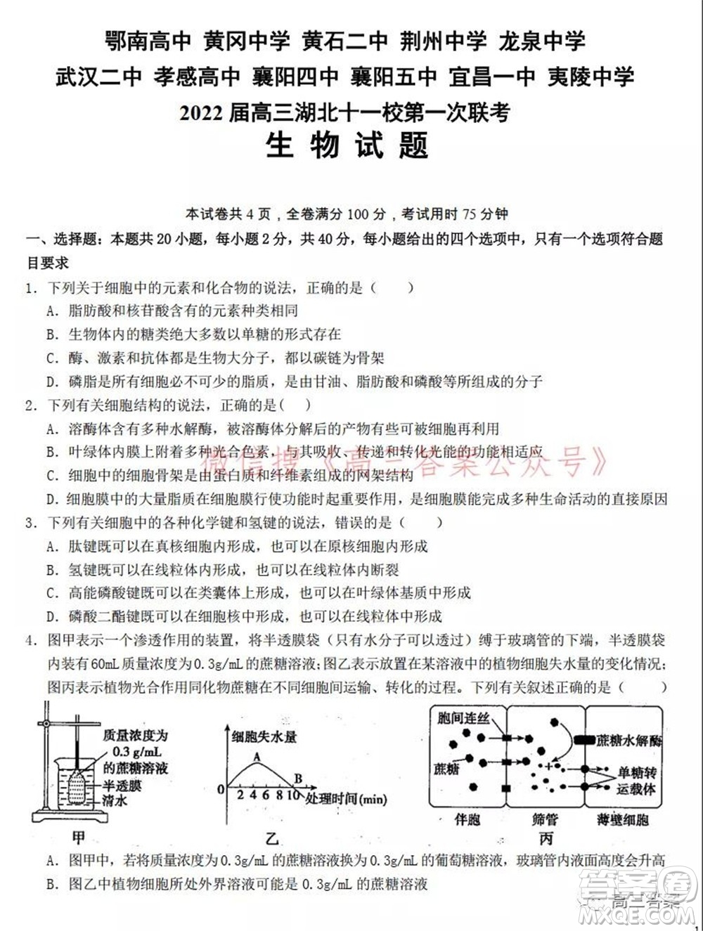 2022屆高三湖北十一校第一次聯(lián)考生物試題及答案