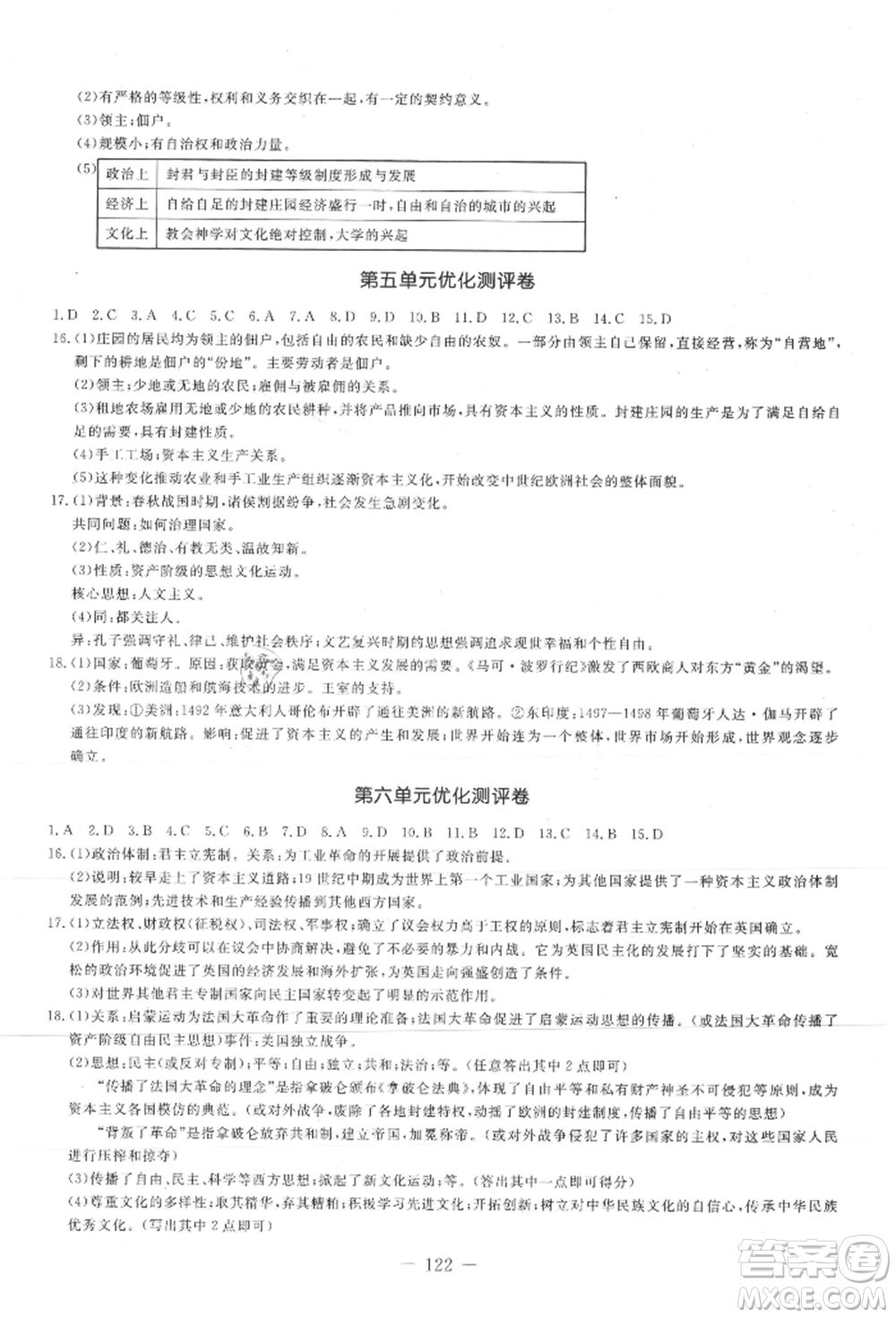 吉林教育出版社2021創(chuàng)新思維全程備考金題一卷通九年級(jí)歷史人教版參考答案