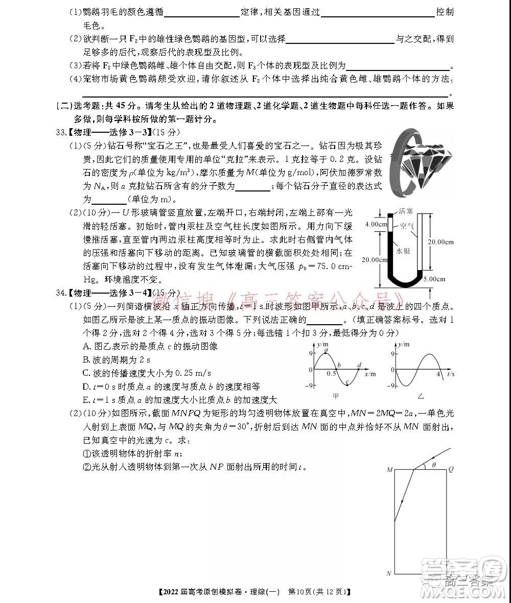 2022屆高考精準(zhǔn)備考原創(chuàng)模擬卷一理科綜合試題及答案