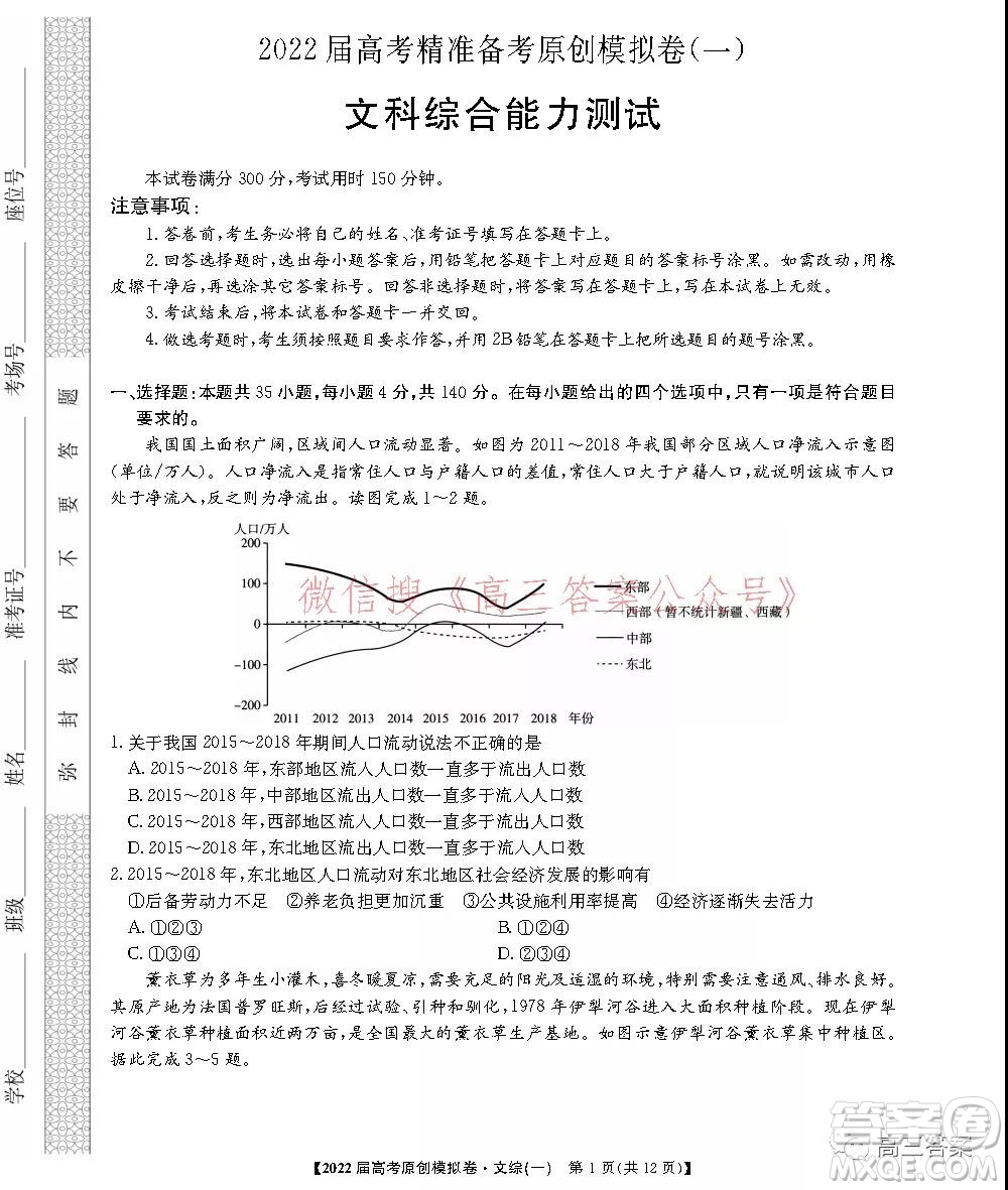 2022屆高考精準(zhǔn)備考原創(chuàng)模擬卷一文科綜合試題及答案