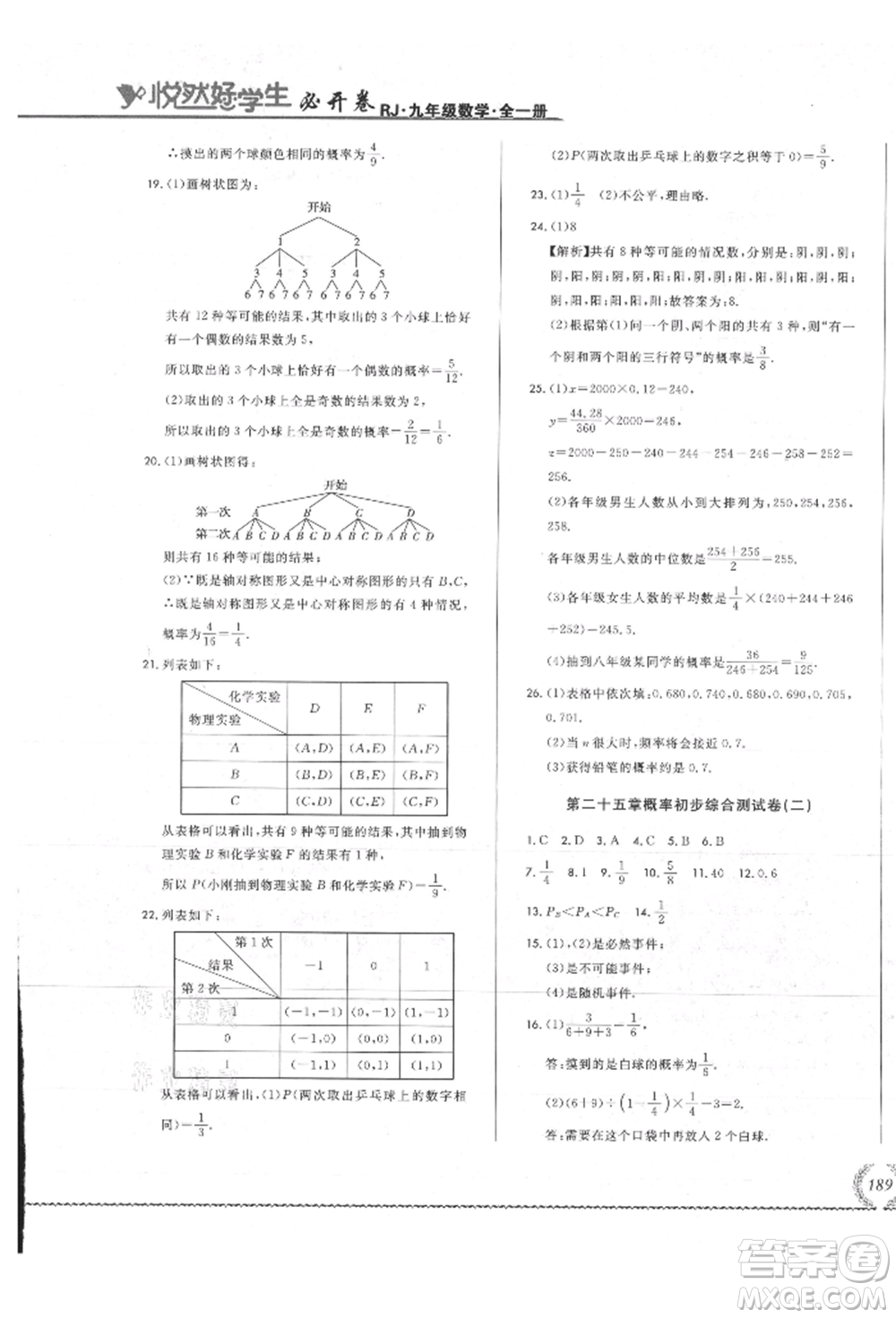 吉林教育出版社2021悅?cè)缓脤W(xué)生必開卷九年級數(shù)學(xué)人教版吉林專版參考答案