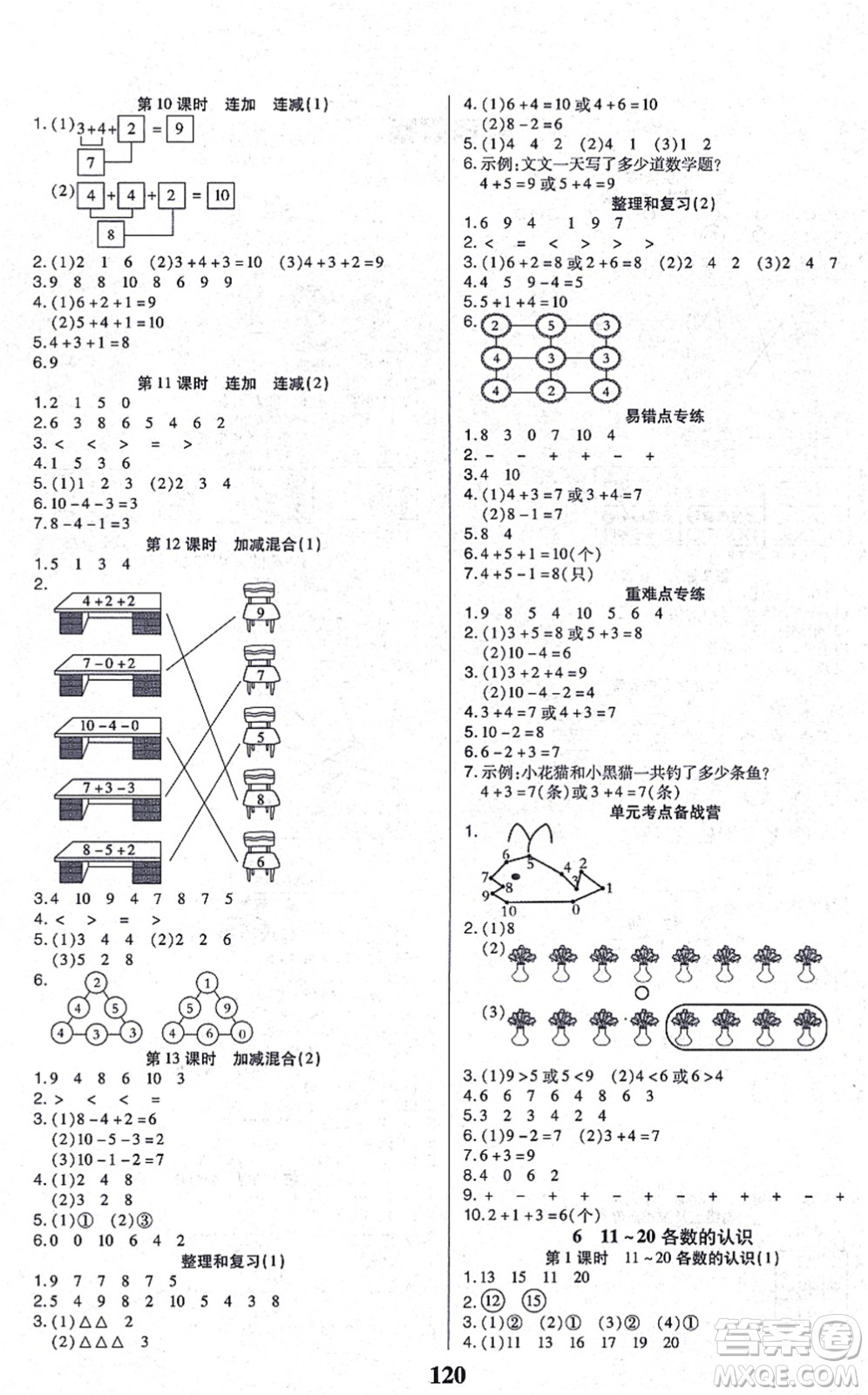 沈陽出版社2021培優(yōu)三好生課時(shí)作業(yè)一年級(jí)數(shù)學(xué)上冊(cè)A人教版福建專版答案