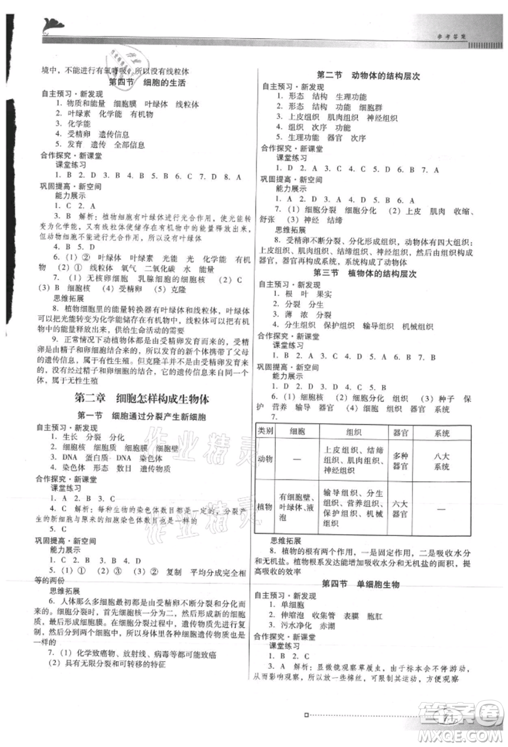 廣東教育出版社2021南方新課堂金牌學(xué)案七年級(jí)上冊(cè)生物人教版參考答案