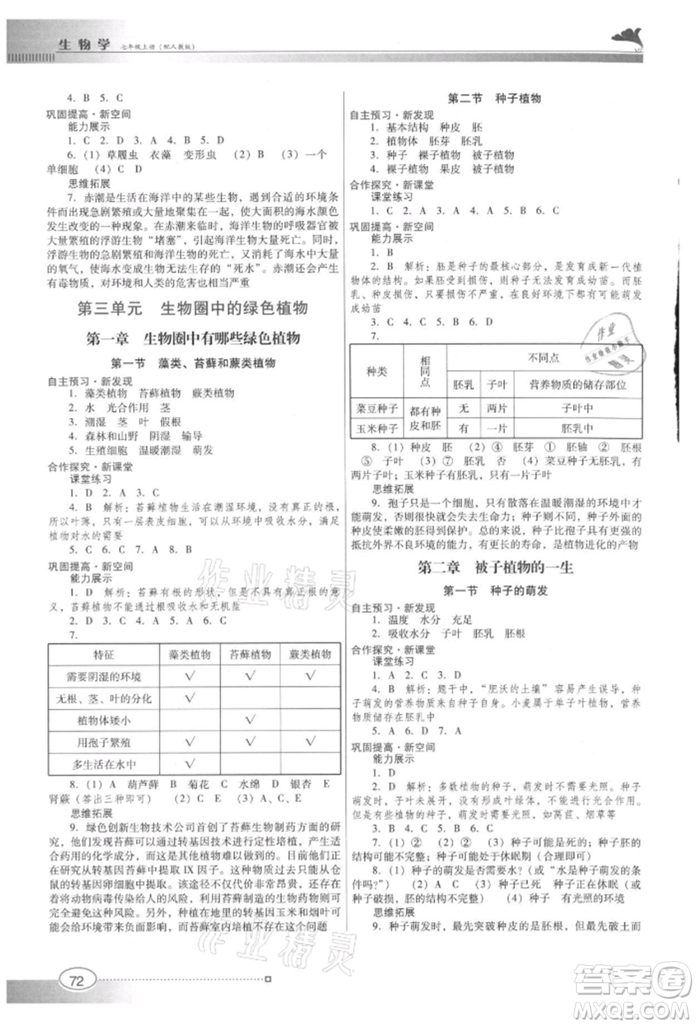 廣東教育出版社2021南方新課堂金牌學(xué)案七年級(jí)上冊(cè)生物人教版參考答案