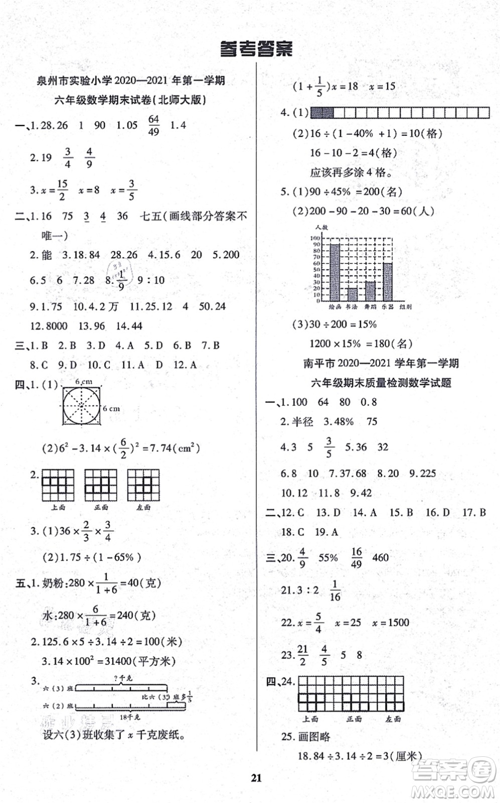 沈陽出版社2021培優(yōu)三好生課時作業(yè)六年級數(shù)學上冊B北師版福建專版答案