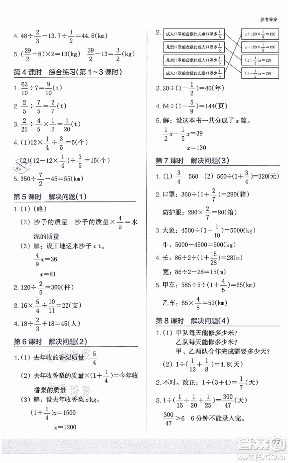江蘇鳳凰美術(shù)出版社2021木頭馬解決問(wèn)題小狀元六年級(jí)數(shù)學(xué)上冊(cè)RJ人教版答案