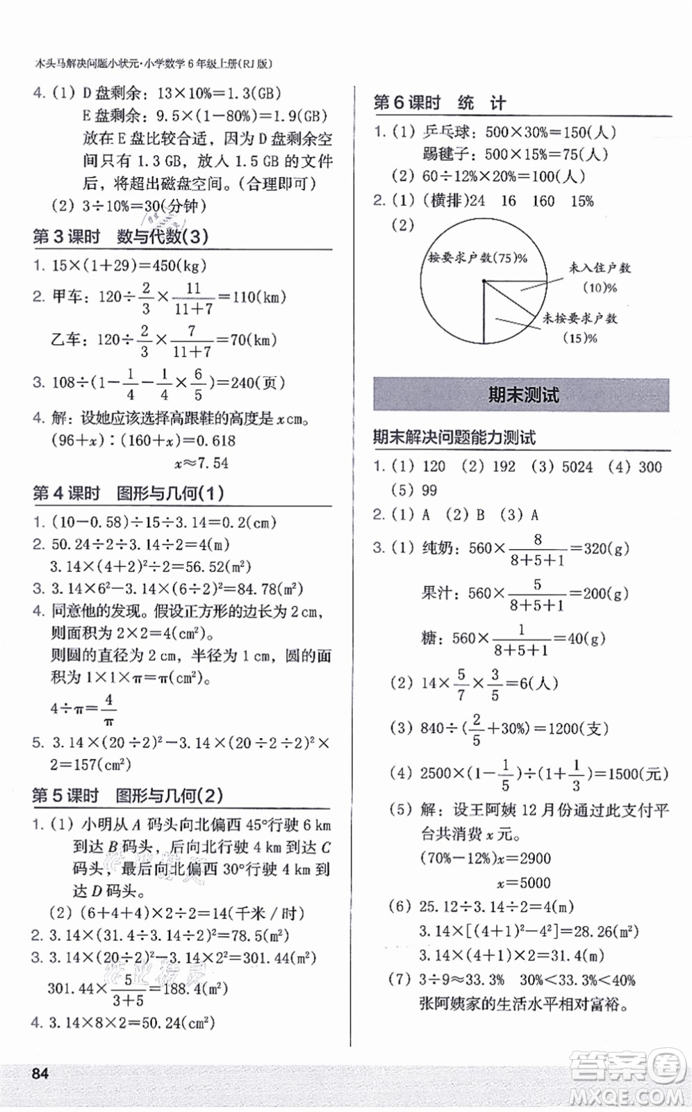 江蘇鳳凰美術(shù)出版社2021木頭馬解決問(wèn)題小狀元六年級(jí)數(shù)學(xué)上冊(cè)RJ人教版答案