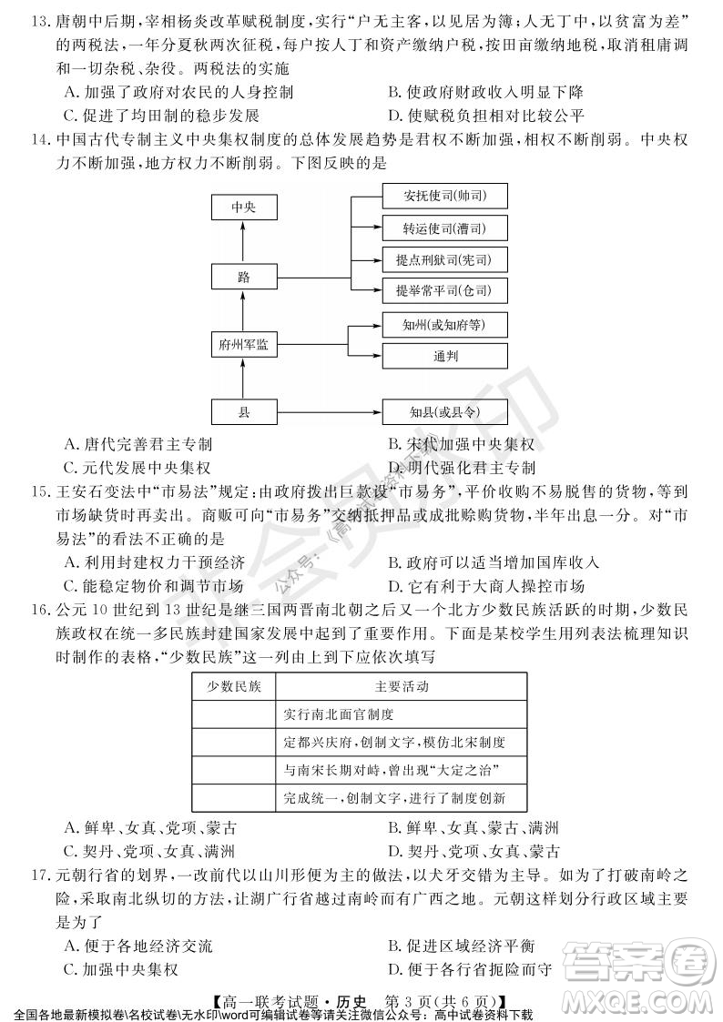 湖南省五市十校2021年12月高一年級(jí)聯(lián)考試題歷史答案