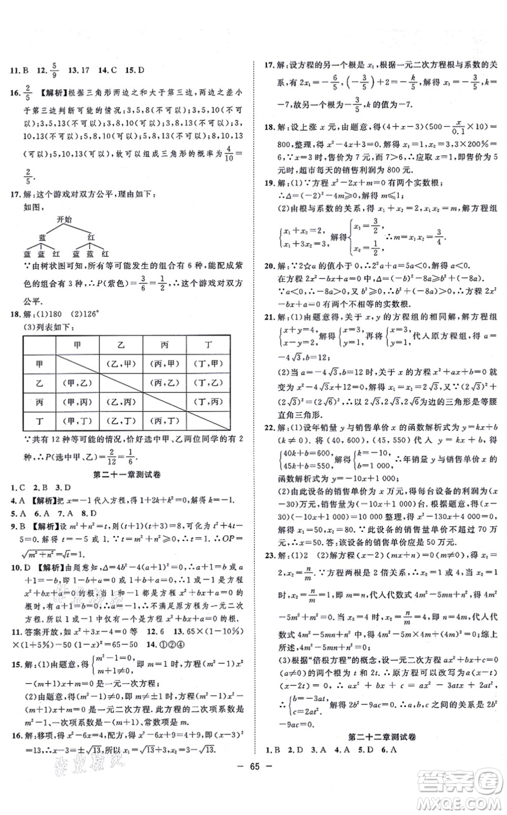 合肥工業(yè)大學(xué)出版社2021全頻道課時作業(yè)九年級數(shù)學(xué)上冊RJ人教版答案