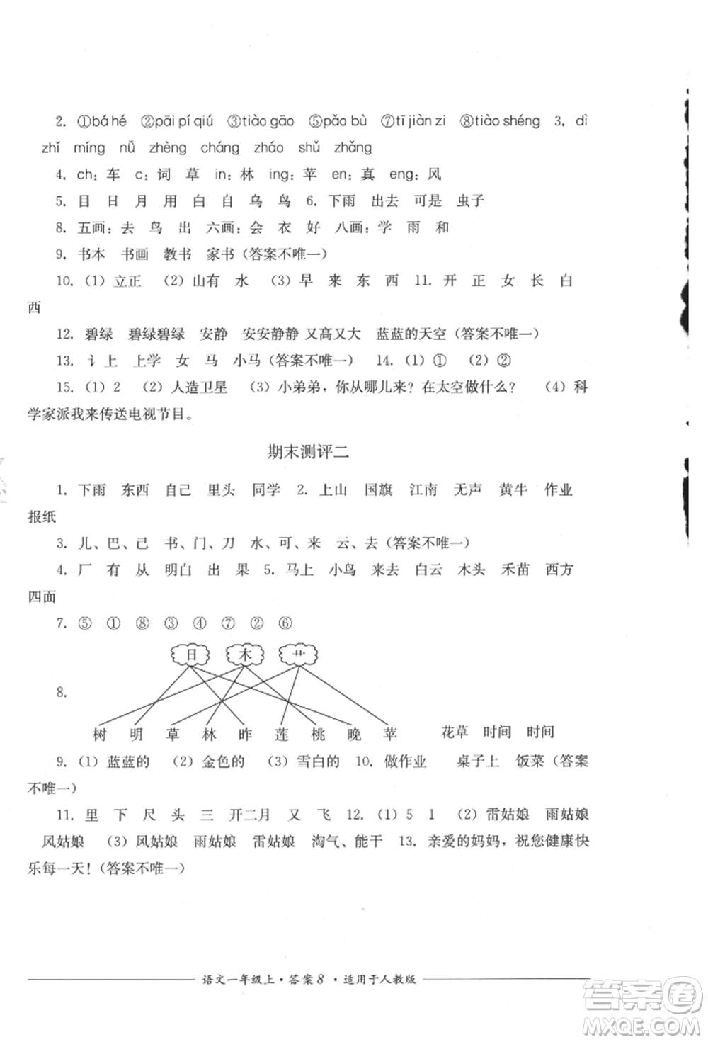 四川教育出版社2021單元測評一年級語文上冊人教版參考答案