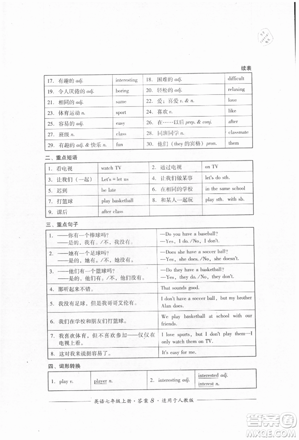四川教育出版社2021單元測(cè)評(píng)七年級(jí)英語上冊(cè)人教版參考答案