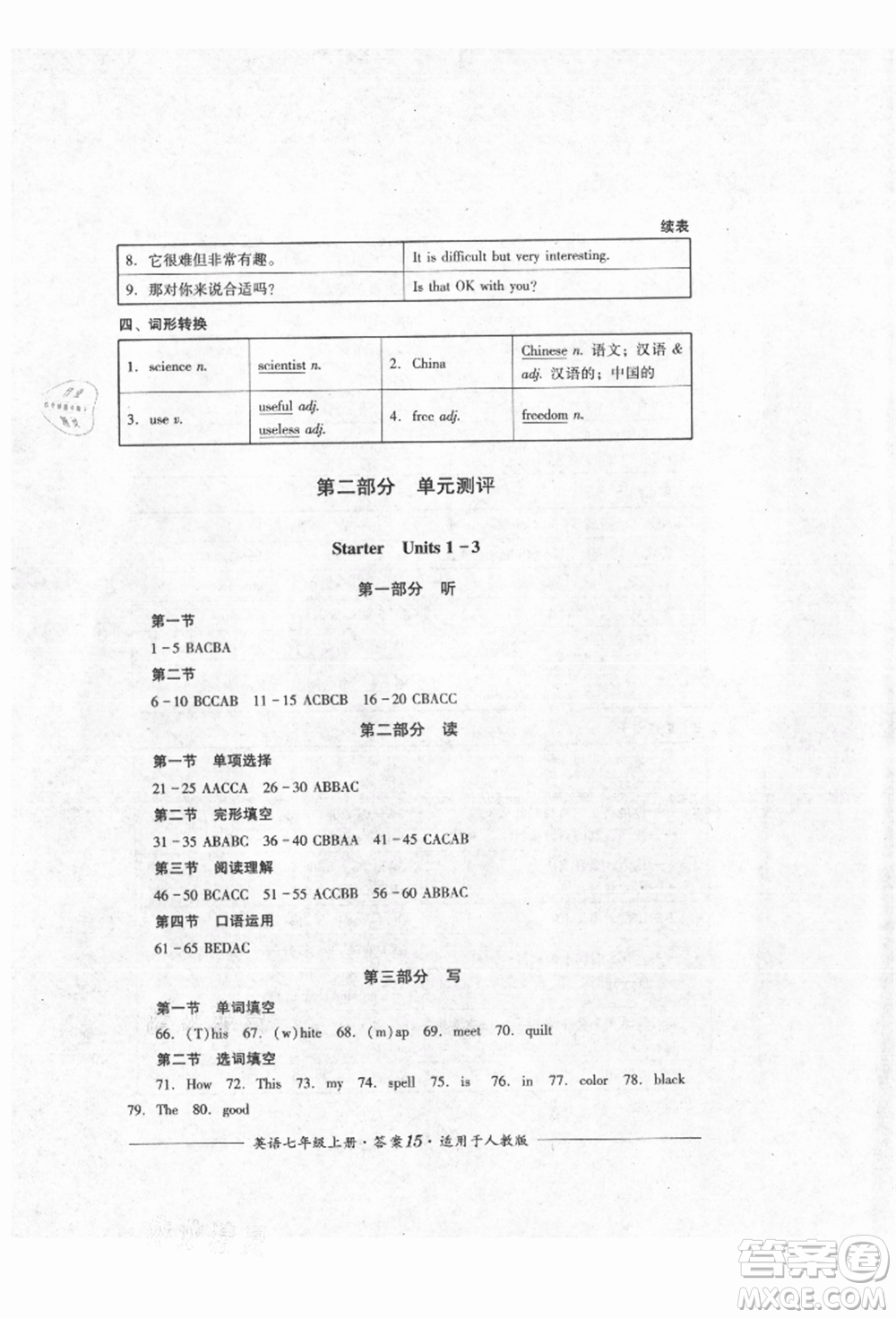 四川教育出版社2021單元測(cè)評(píng)七年級(jí)英語上冊(cè)人教版參考答案