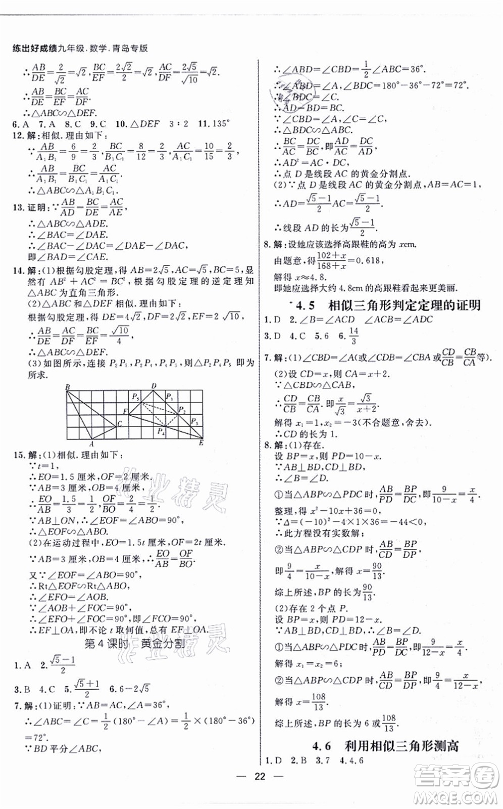南方出版社2021練出好成績九年級(jí)數(shù)學(xué)全一冊北師大版青島專版答案