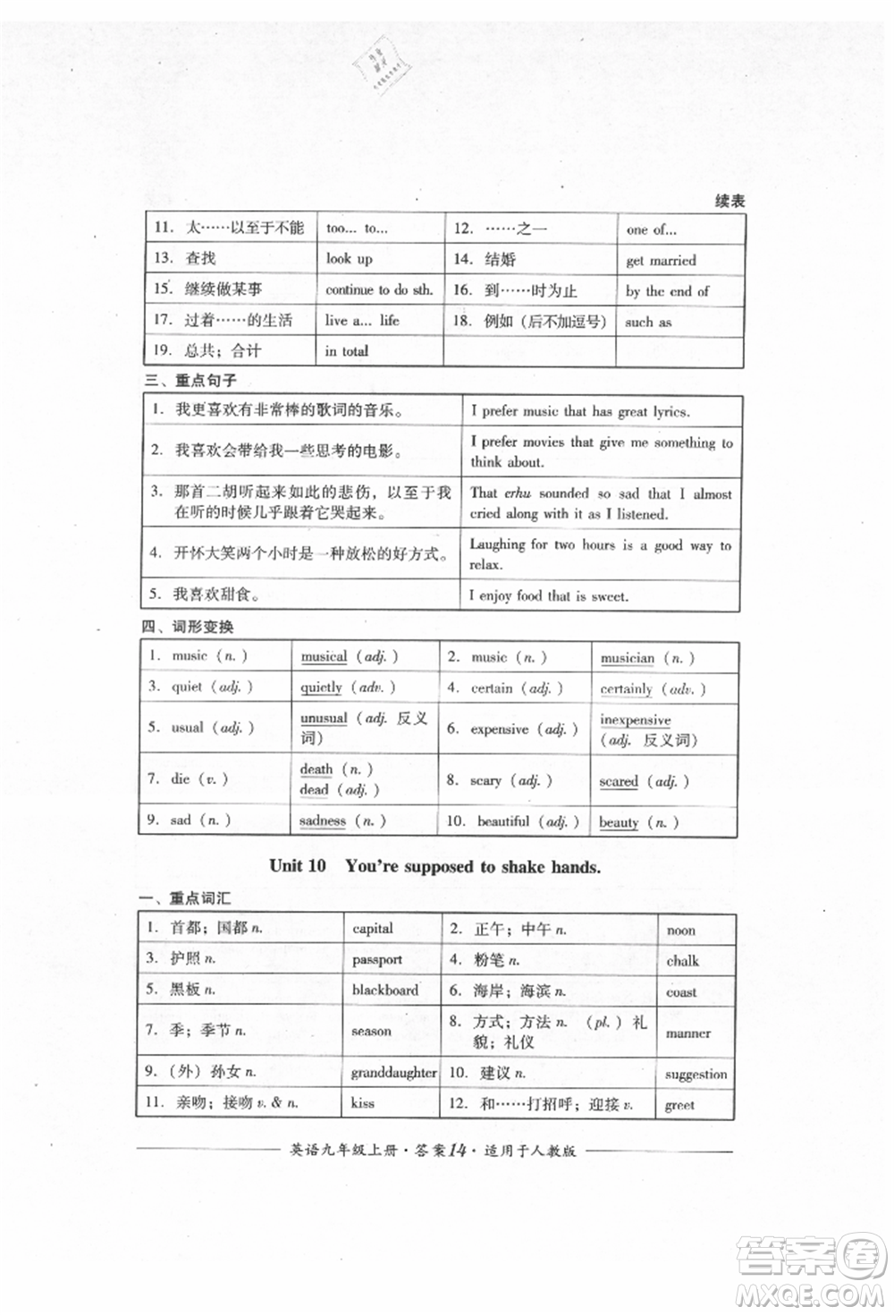 四川教育出版社2021單元測(cè)評(píng)九年級(jí)英語(yǔ)上冊(cè)人教版參考答案
