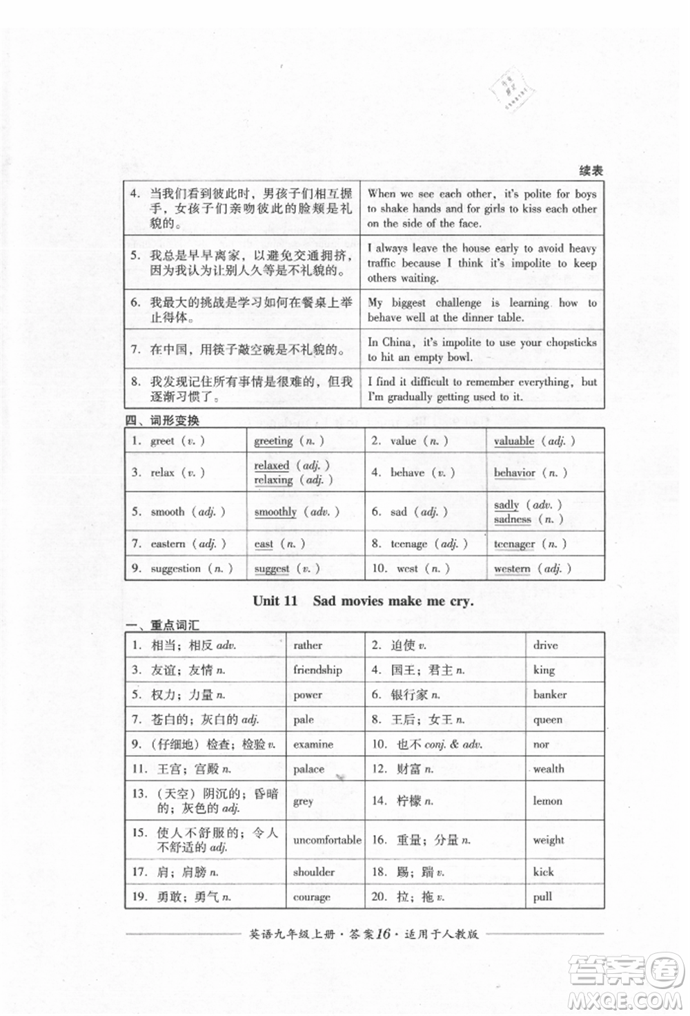 四川教育出版社2021單元測(cè)評(píng)九年級(jí)英語(yǔ)上冊(cè)人教版參考答案