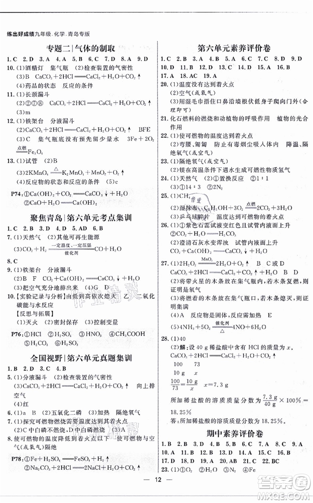 南方出版社2021練出好成績(jī)九年級(jí)化學(xué)全一冊(cè)人教版青島專版答案
