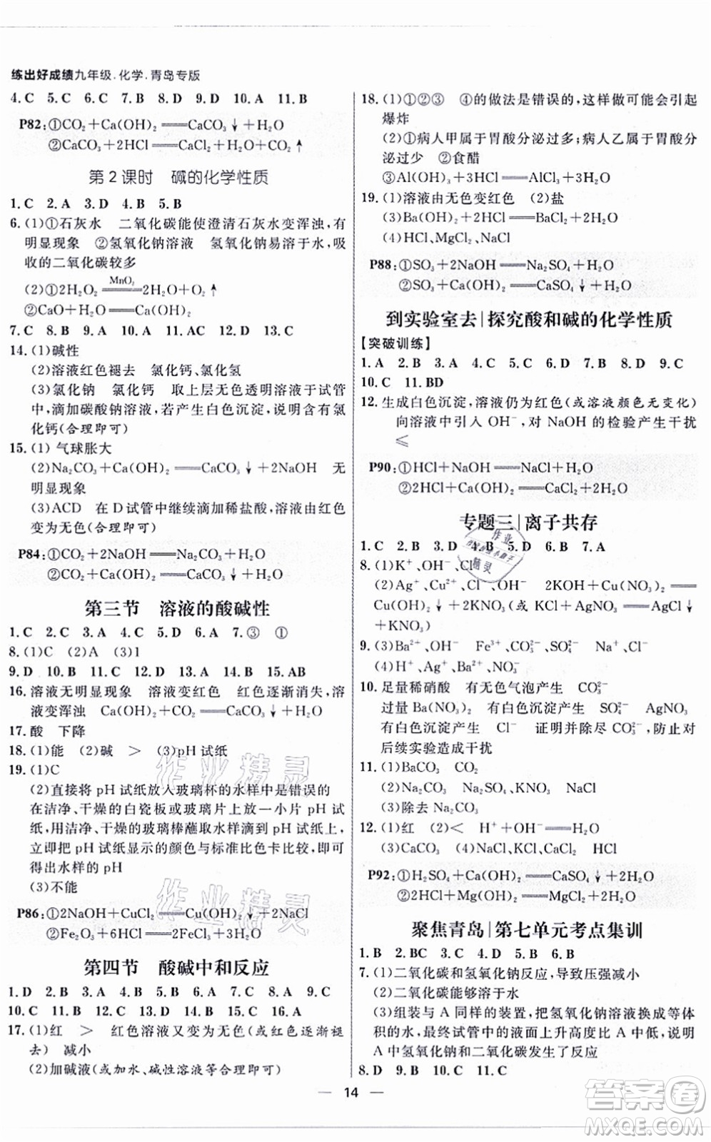 南方出版社2021練出好成績(jī)九年級(jí)化學(xué)全一冊(cè)人教版青島專版答案
