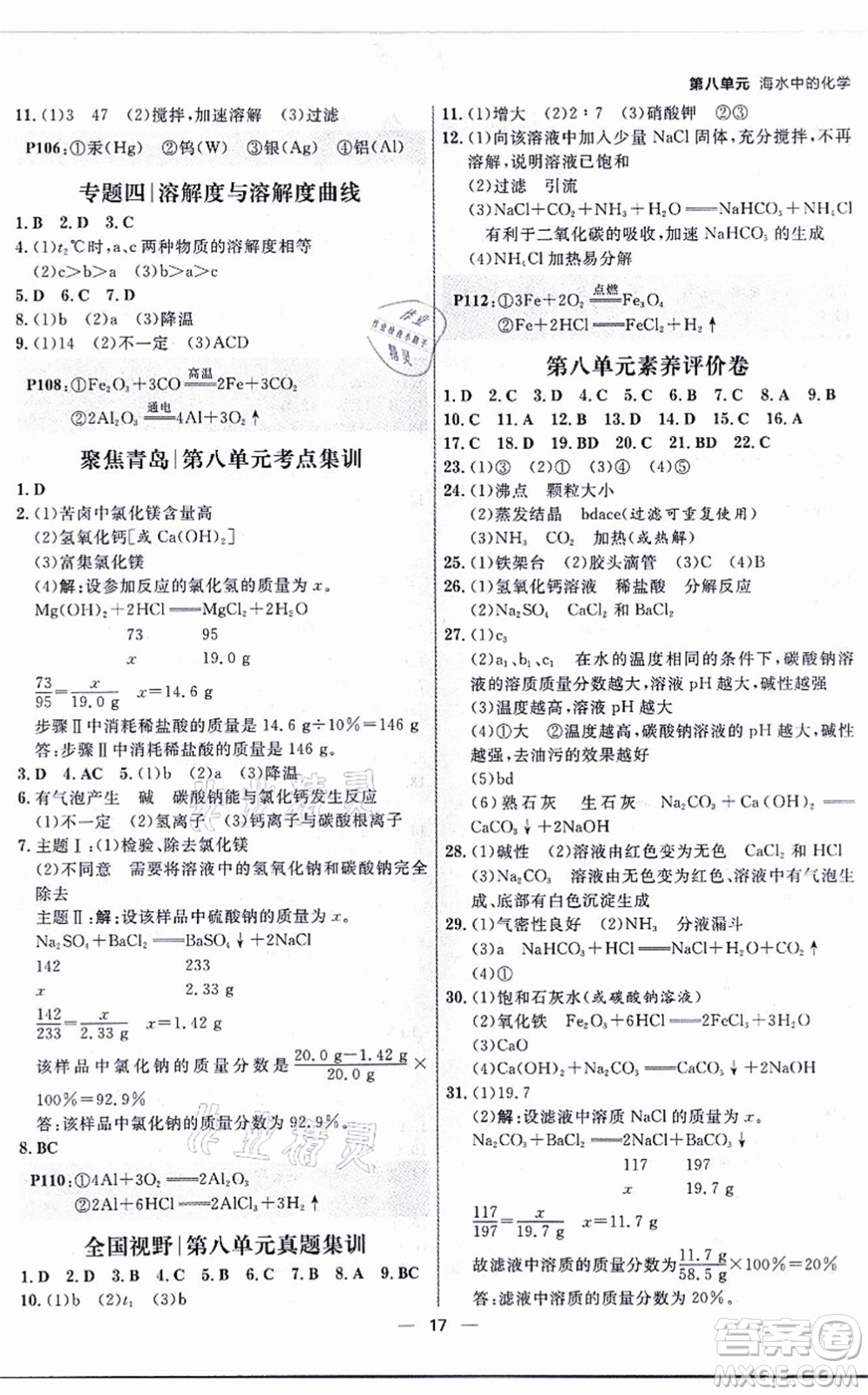 南方出版社2021練出好成績(jī)九年級(jí)化學(xué)全一冊(cè)人教版青島專版答案