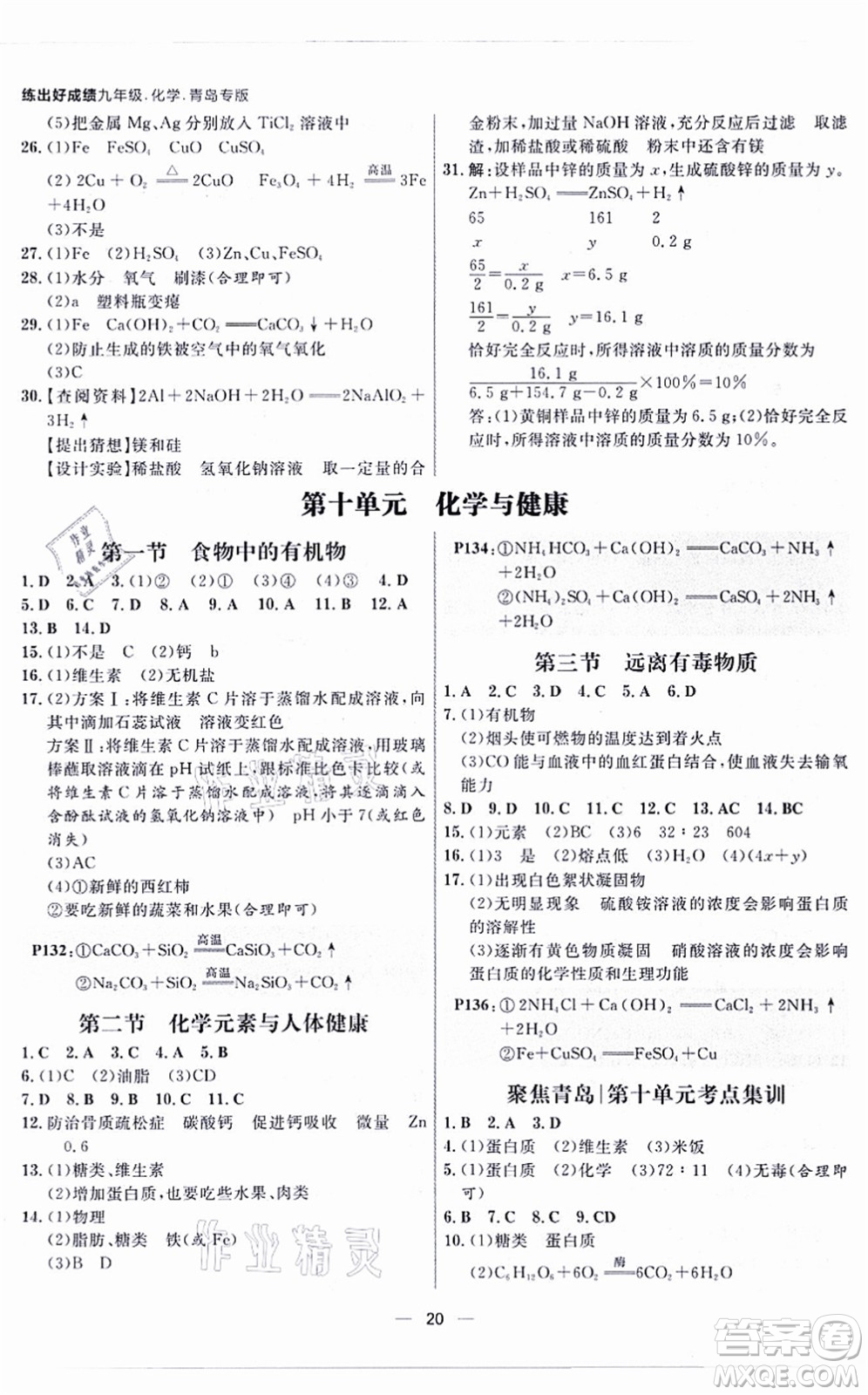 南方出版社2021練出好成績(jī)九年級(jí)化學(xué)全一冊(cè)人教版青島專版答案
