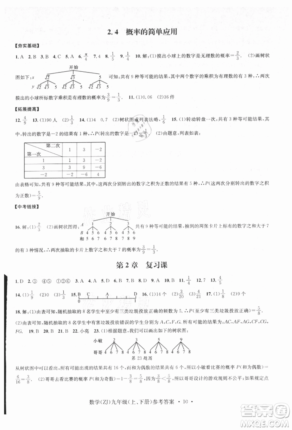 浙江工商大學出版社2021習題e百課時訓練九年級數(shù)學浙教版參考答案