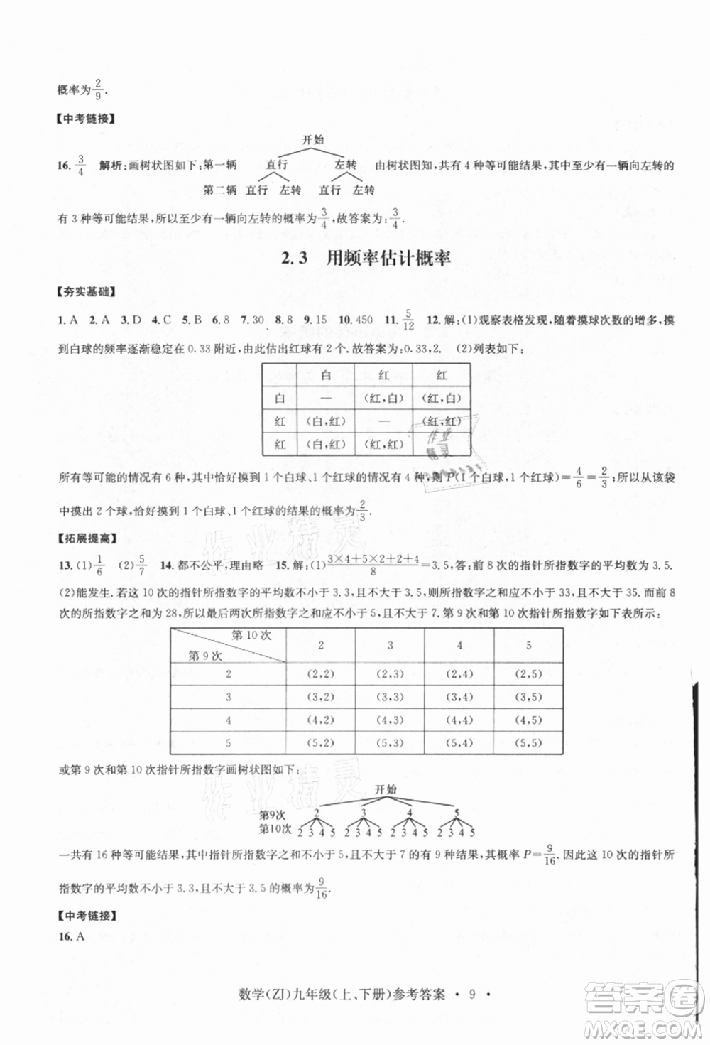 浙江工商大學出版社2021習題e百課時訓練九年級數(shù)學浙教版參考答案