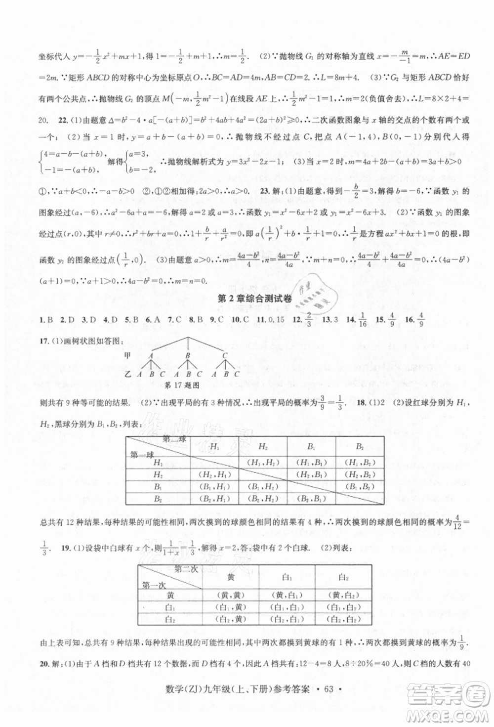 浙江工商大學出版社2021習題e百課時訓練九年級數(shù)學浙教版參考答案
