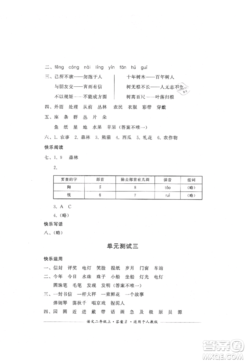 四川教育出版社2021單元測(cè)試二年級(jí)語(yǔ)文上冊(cè)人教版參考答案