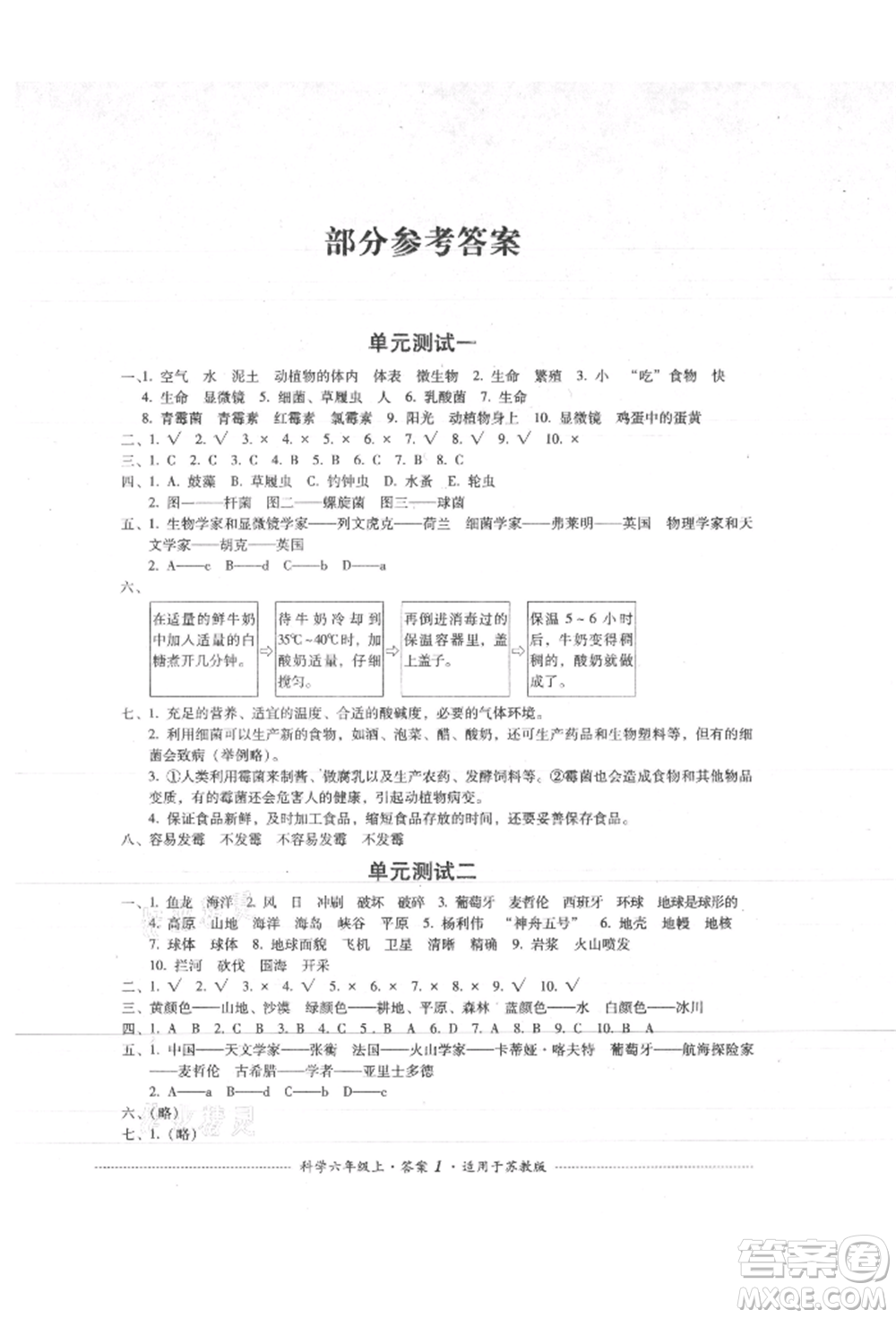 四川教育出版社2021單元測(cè)試六年級(jí)科學(xué)上冊(cè)蘇教版參考答案