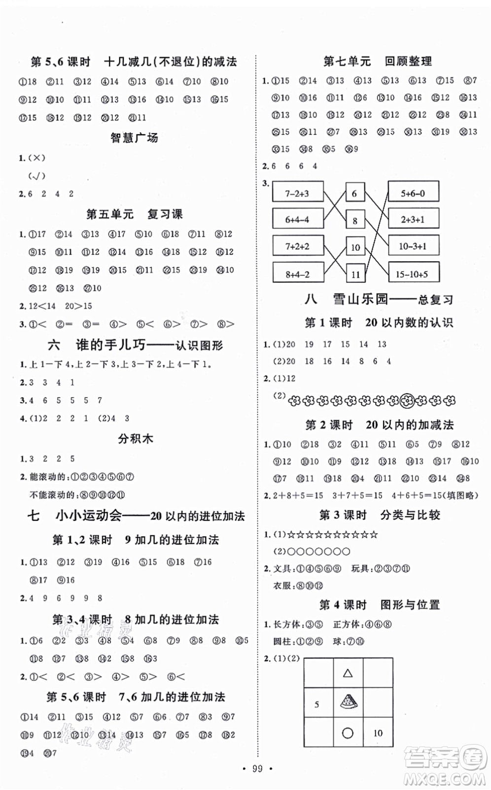 延邊教育出版社2021每時每刻快樂優(yōu)+作業(yè)本一年級數學上冊QD青島版答案