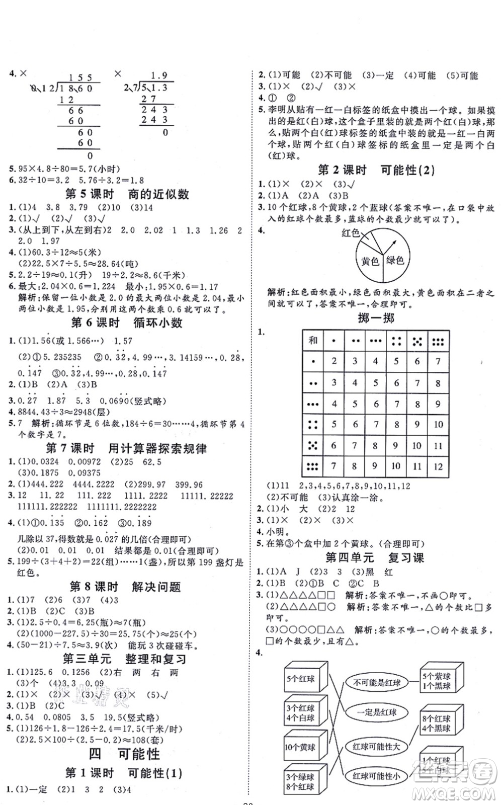 延邊教育出版社2021每時每刻快樂優(yōu)+作業(yè)本五年級數(shù)學(xué)上冊RJ人教版答案