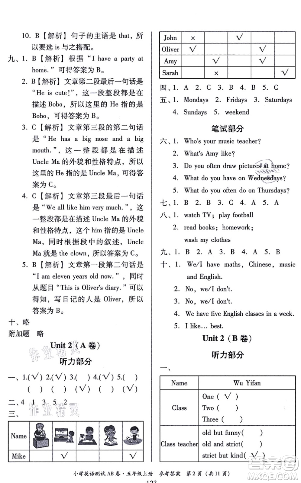 華南理工大學(xué)出版社2021小學(xué)英語測試AB卷五年級(jí)上冊RJ人教版佛山專版答案