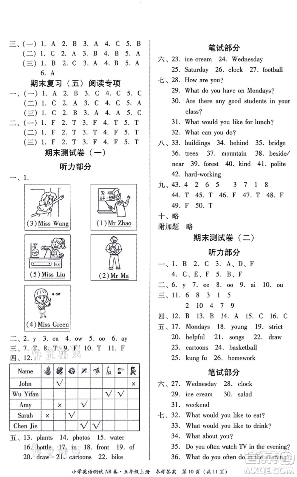 華南理工大學(xué)出版社2021小學(xué)英語測試AB卷五年級(jí)上冊RJ人教版佛山專版答案