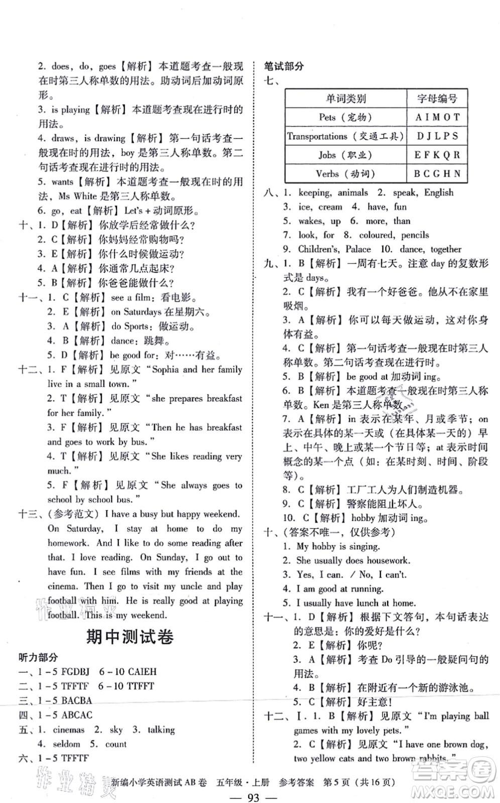 華南理工大學(xué)出版社2021小學(xué)英語測試AB卷五年級(jí)上冊RJ人教版廣州專版答案