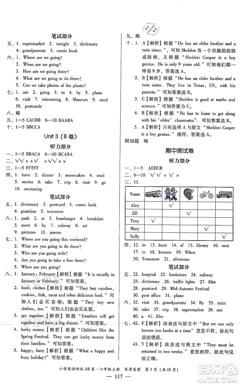 華南理工大學(xué)出版社2021小學(xué)英語測試AB卷六年級上冊RJ人教版佛山專版答案