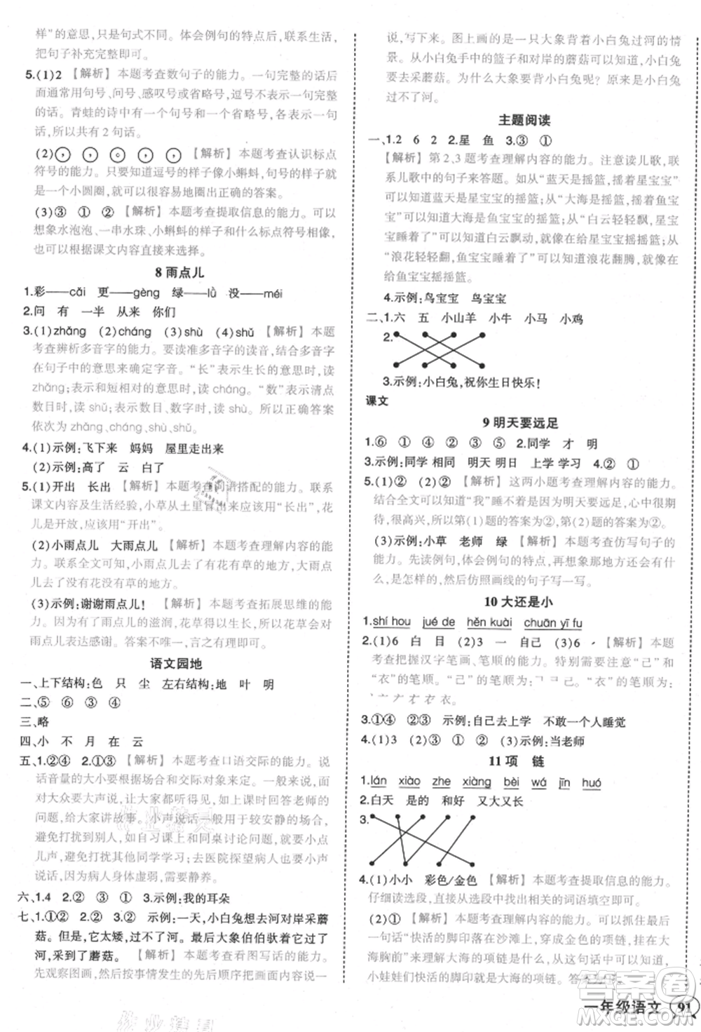 西安出版社2021狀元成才路狀元作業(yè)本一年級(jí)語(yǔ)文上冊(cè)人教版參考答案