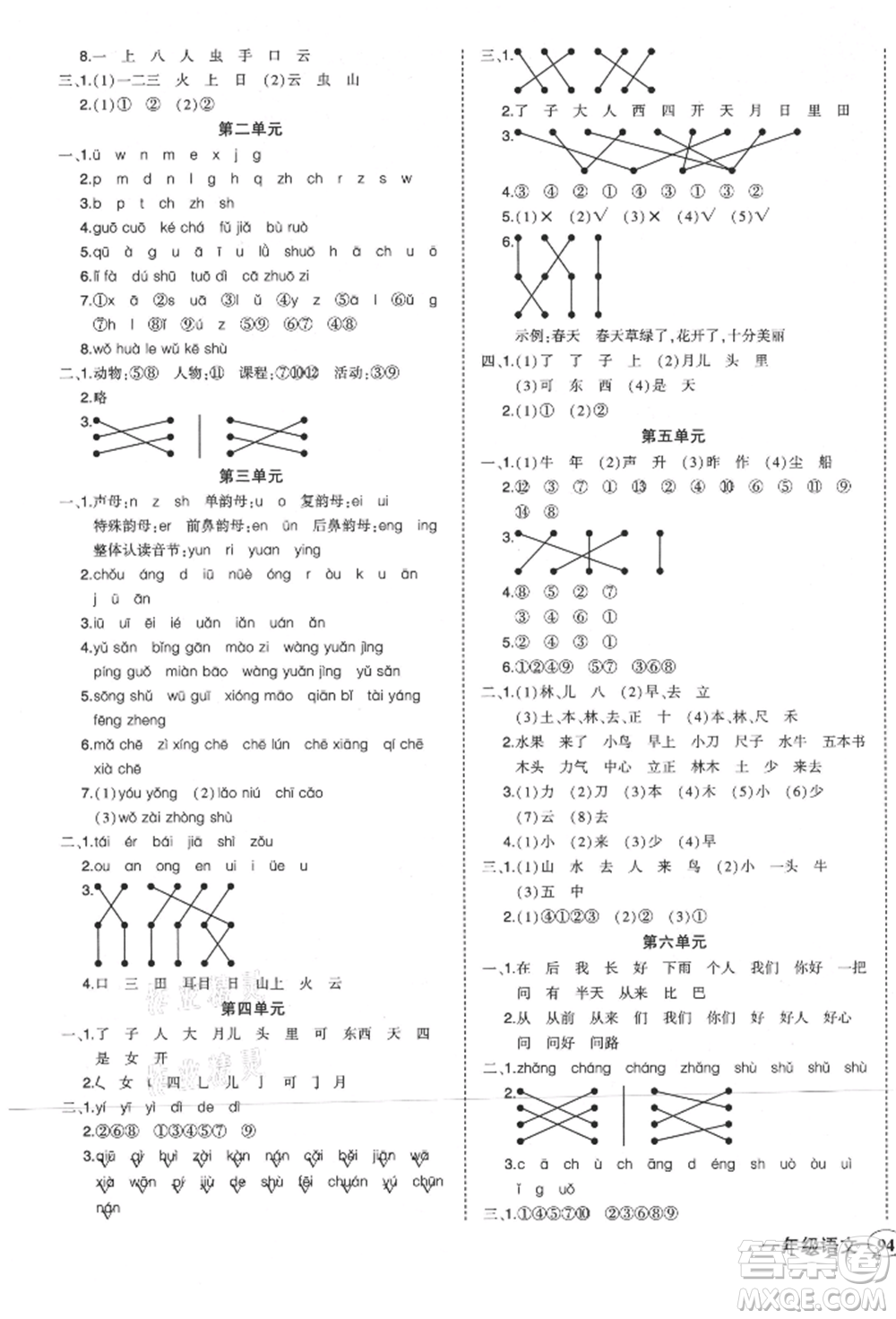 西安出版社2021狀元成才路狀元作業(yè)本一年級(jí)語(yǔ)文上冊(cè)人教版參考答案