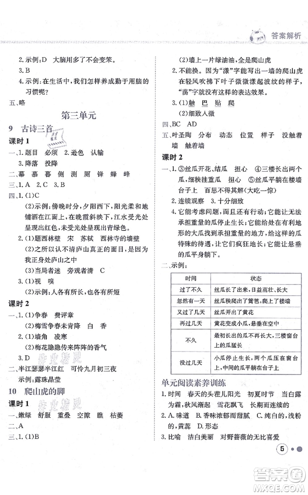 龍門書局2021黃岡小狀元練重點(diǎn)培優(yōu)同步練習(xí)四年級語文上冊R人教版答案