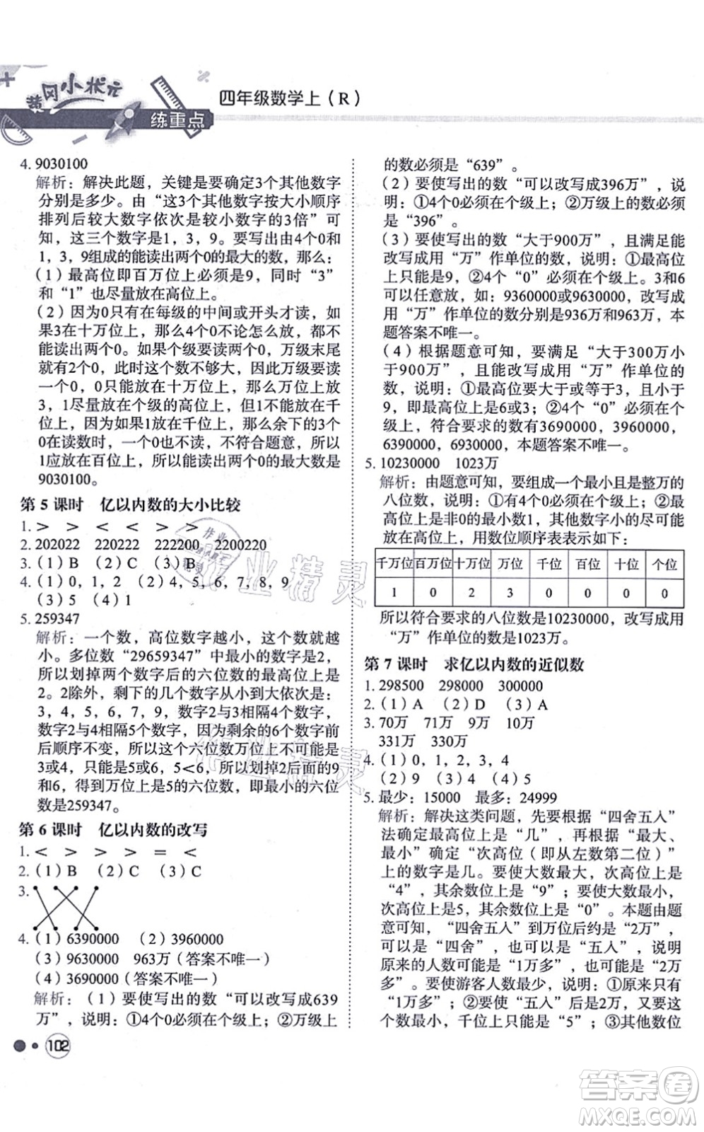 龍門書局2021黃岡小狀元練重點培優(yōu)同步練習四年級數(shù)學上冊R人教版答案