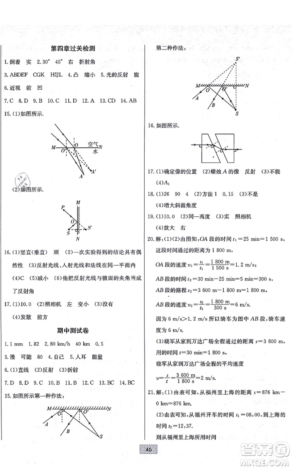 遼寧少年兒童出版社2021練重點(diǎn)八年級(jí)物理上冊(cè)HK滬科版河南專版答案