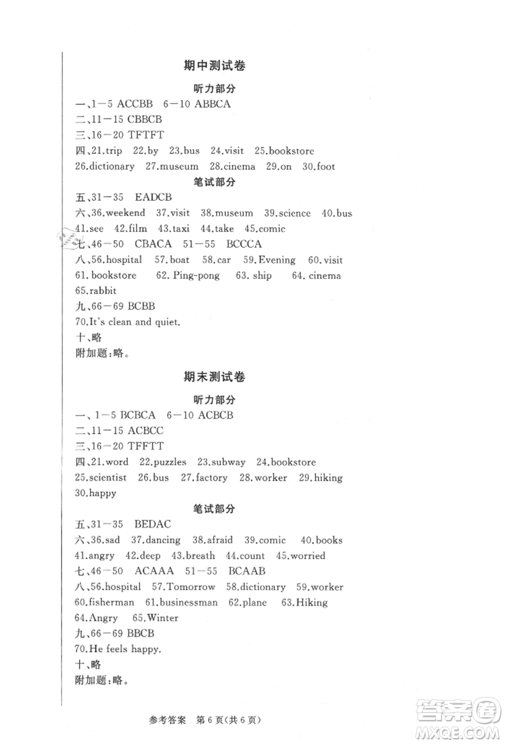 西安出版社2021狀元坊全程突破導練測六年級英語上冊人教版佛山專版參考答案