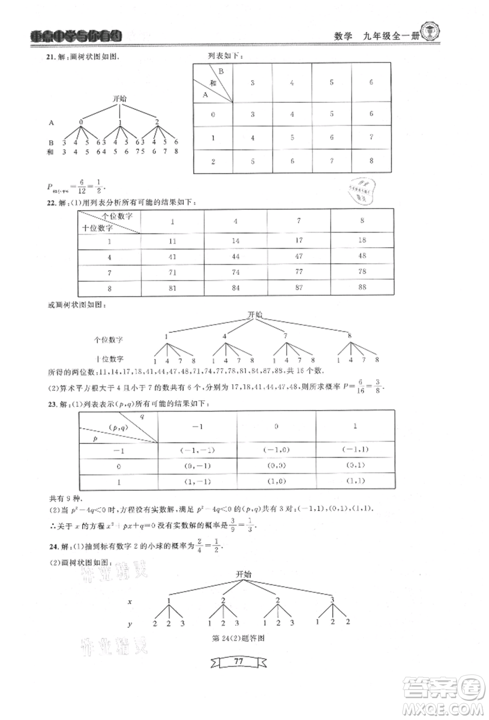天津科學(xué)技術(shù)出版社2021重點(diǎn)中學(xué)與你有約九年級(jí)數(shù)學(xué)浙教版參考答案